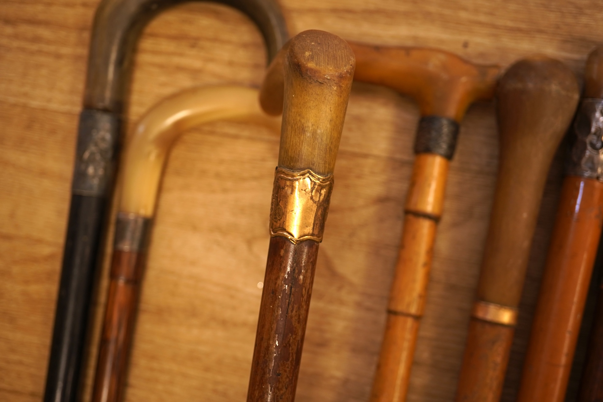 A collection of seven horn handles walking sticks some gold and white metal mounted